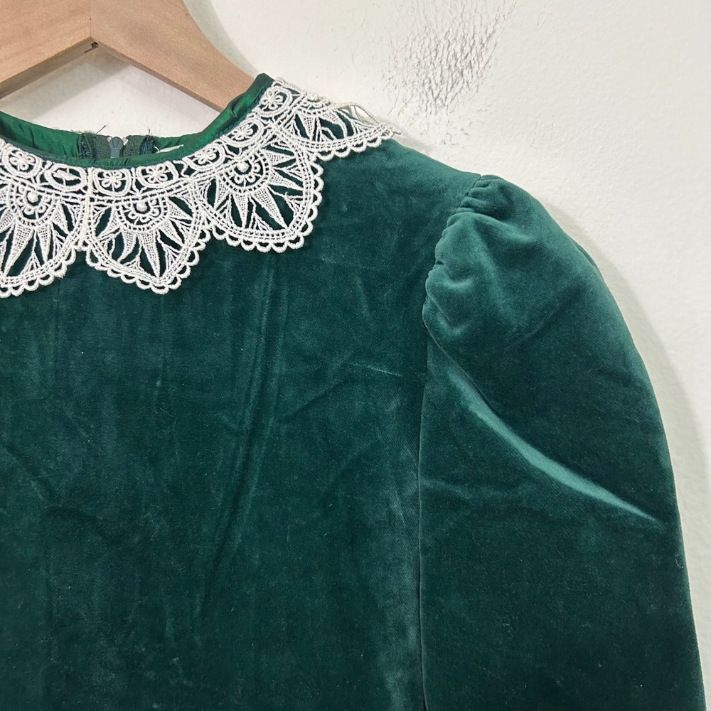 VTG Raul Blanco Girls Dress Victorian Cottagecore Green Velvet Lace Sash Size 10 - Picture 5 of 15